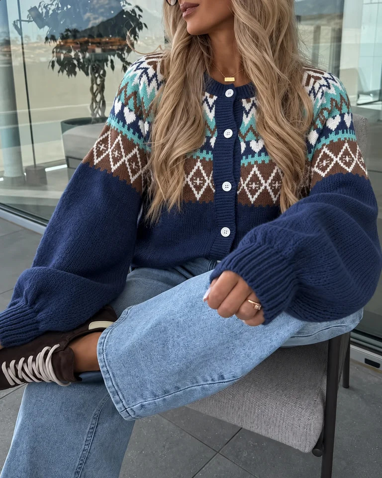 Women Autumn Winter Vintage Fair Isle Knit Button Cardigan 260917