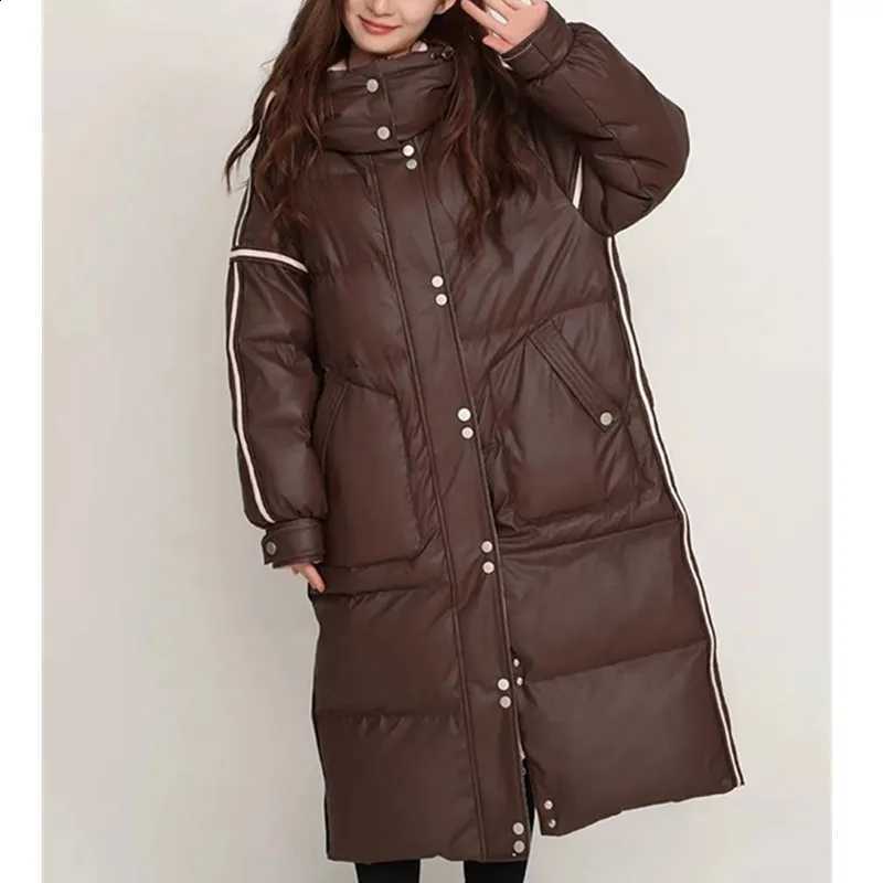 Knee length Down Jacket For women New Winter 2025 Contrasting color Splicing Hooded Casual Fashion Thick Warm Down Coat Female H260917