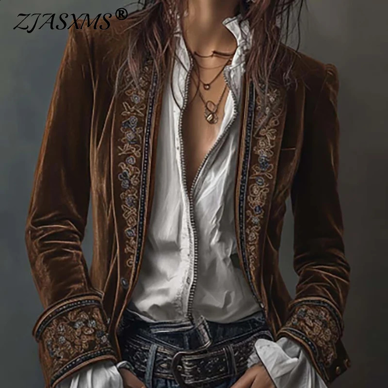 Ethnic Retro Floral Print Velvet Woman Blazer Jacket Sexy Notched Collar Slim Autumn Outerwear Long Sleeve Winter Cardigans Coat 260917