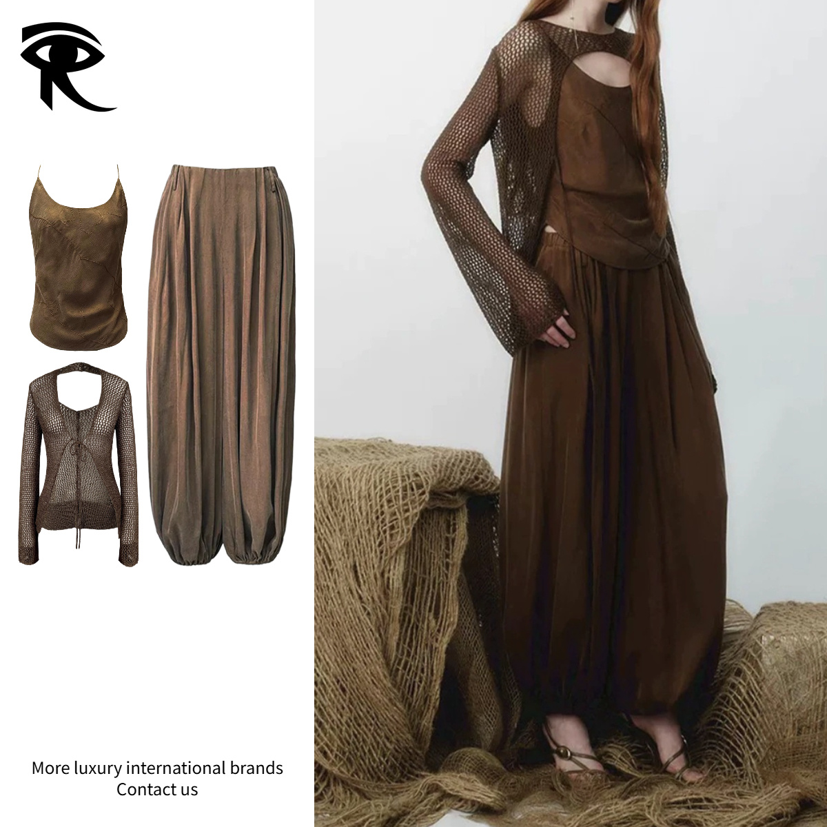 Women Y2k Brown Mesh Knit Back Cutout Cardigan and Camisole 2 Piece Set Early Autumn Layered Earthy Fairycore Aesthetics Hollow Out Long Sleeve Mesh