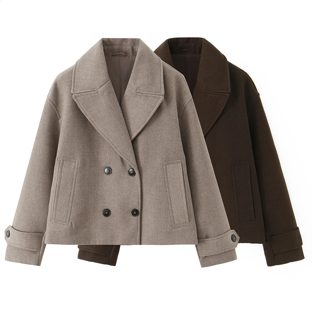 Womens Wool Blend Short Coat KhakiDark Coffee Brown Lapel Collar Doublebreasted Warm Wool Blend Short Coat For Winter 260917