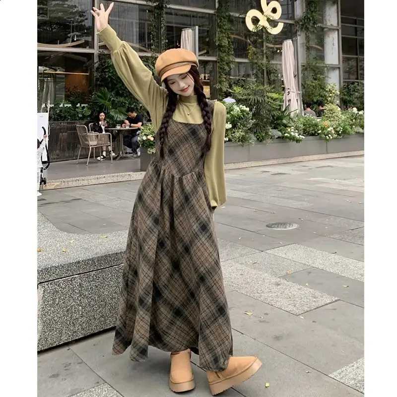 Autumn Winter Preppy Style Women Vintage Plaid Tank Dress Bottoming Tops Two Piece Set 2025 New Korean Lady Shirts Dresses SuitsW260915