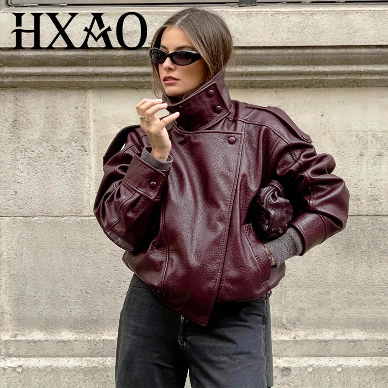 HXAO Women's Faux Leather Jacket Cropped Long Sleeve Oversize Bomber Jackets Red Brown Black Zip-Up Coats Demi-Season Outerwear 260916