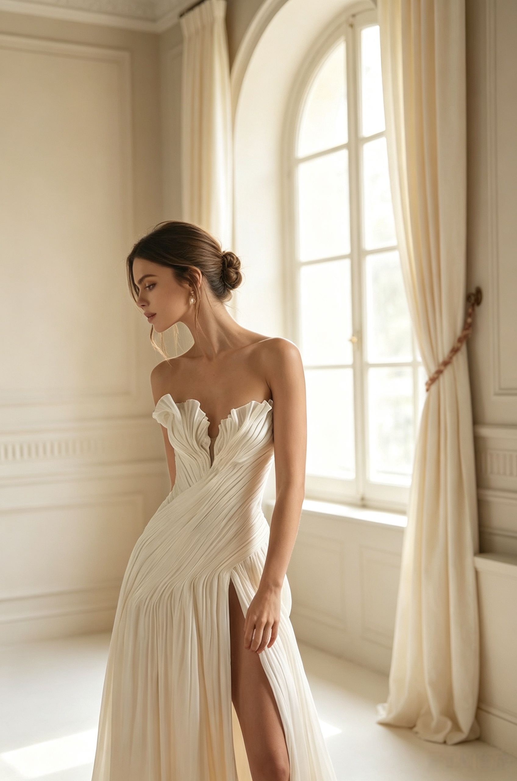 Fairy Pleats Ivory Chiffon Beach Wedding Dresses Sweetheart Neckline Side High Slit Long Train Boho Bridal Gown A-Line Summer Bride Dress Custom Mad