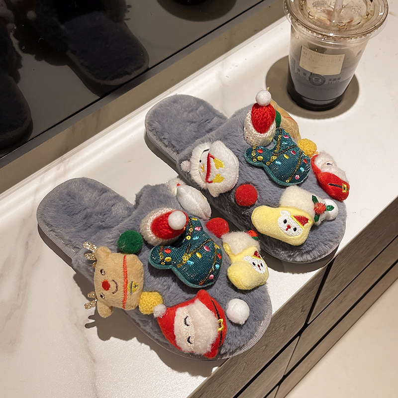 2026s Christmas Cartoon Doll Closed Toe Slippers Autumn Winter New Christmas Elements Indoor Warm Anti Slip Plush Cotton Slippers Free Shipping