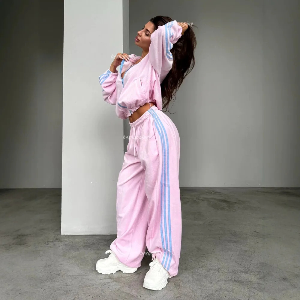 Trend Contrasting Pleuche Hooded Straight Pants Suit Autumn and Winter Women's Street Style Thick Warm Zipper Jacket 2Pcs 260917