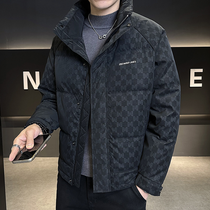 Men's Lightweight Jacket With Stand-Up Collar, Featuring White Duck Down Filling, Short Design, And A Trendy, Thickened Style For Winter Wear.