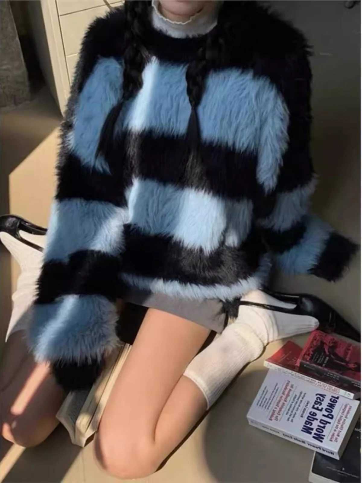 Lazy Style round Oversize Neck Knitted Sweater Unisex Autumn Winter Color Block Stripe Fluffy Loose Couple Sweater J260916