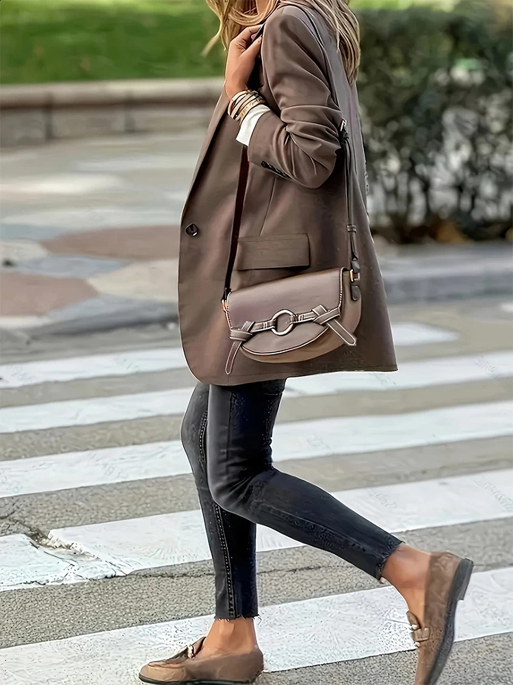 Fashionable Women's Brown Loose Blazer with Lapel and Pockets Elegant Casual Office Everyday Jacket 260915