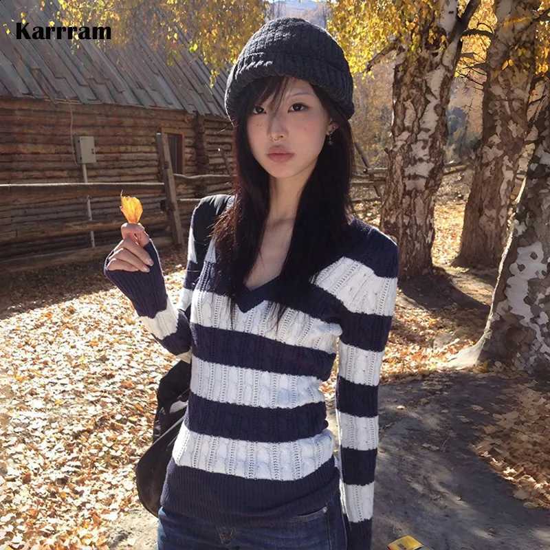 V-neck Y2k Karrram Japanese Striped Sweater Vintage Harajuku Knit Slim Pullovers Korean Style Winter Knitwear 2000s Aesthetics J260916