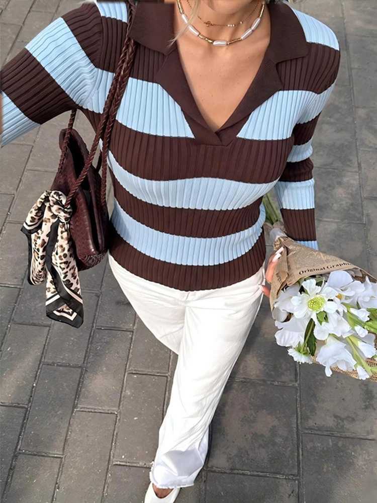 Striped Women Sweater Polo Collar Knit V-Neck Color Block Sweater Long Sleeve Slim Fitted Pullover Chic Retro Casual Elegant Top S2609178U4O