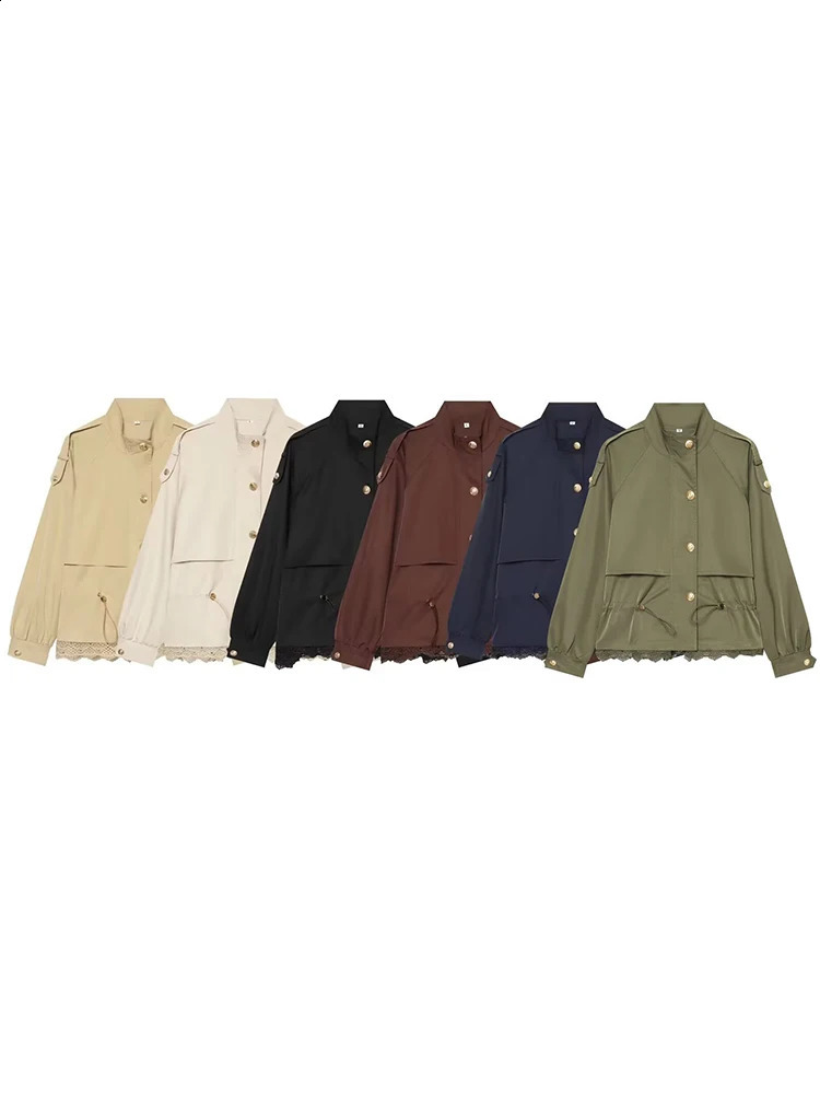 Fashion Women Windproof Jacket Autumn Drawstring Slim Stand Neck Lace Splice Outwear Versatile Retro Female Solid Jackets 260917