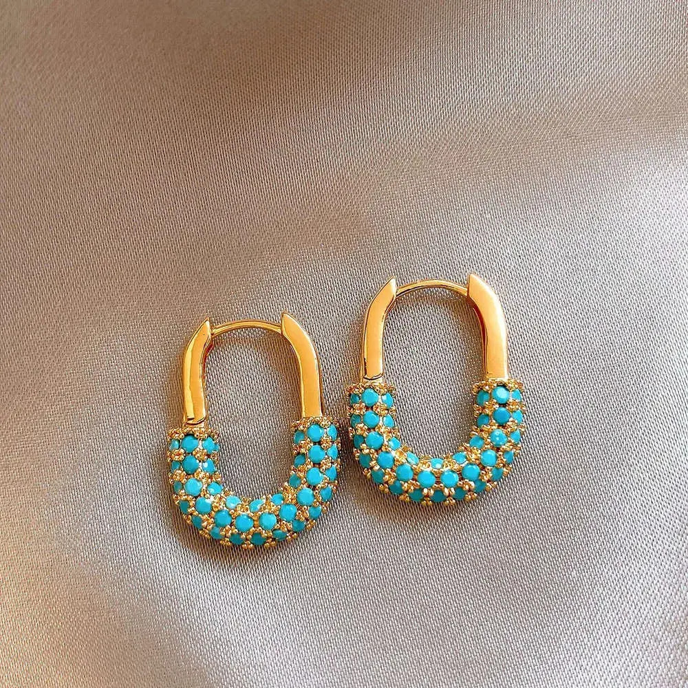 Mini Flat Stud Earring Autumn Winter New Green Stone U Shaped Lock For Women Retro Exquisite cubic zirconia Light Luxury High End Earrings Niche Des