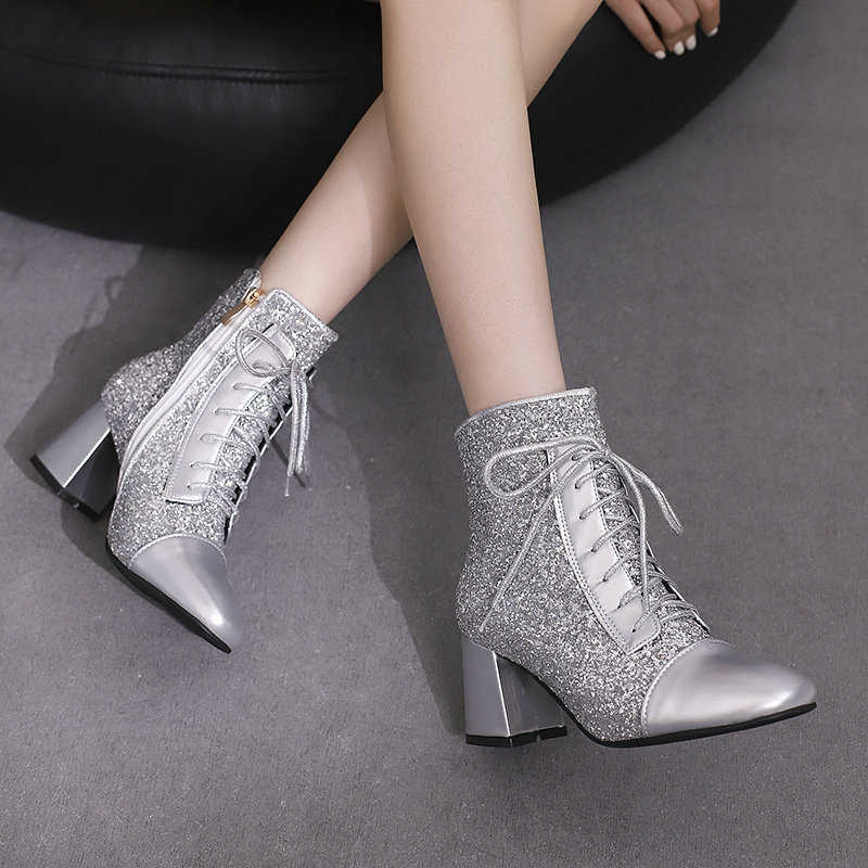 2024 Autumn New Women Chunky High Heels Bling Party Ankle Chelsea Boots Gold Silver Red Black Big Size 34-48 D260917