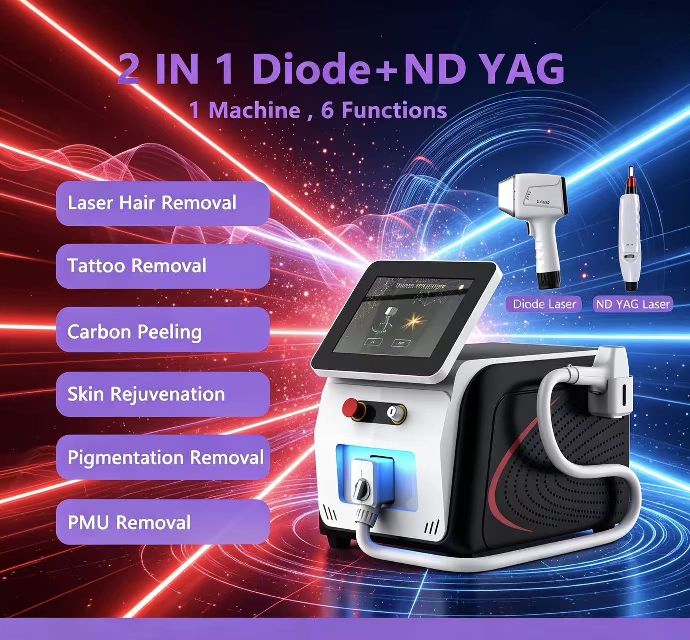 Advanced Desktop 2-in-1 Diode Laser & Nd:YAG Laser Hair Removal Tattoo Removal Equipment