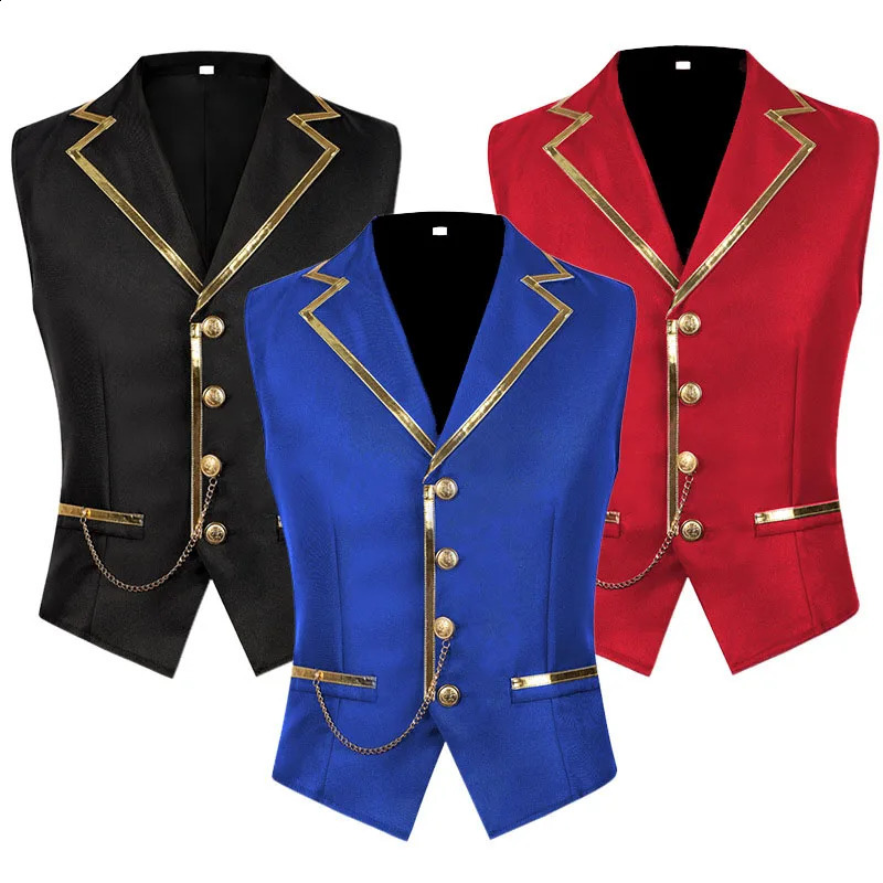 Men's Black Satin Suit Vest with Gold Trim and Chain Formal Waistcoat for Wedding Party Prom Slim Fit Tuxedo 260917