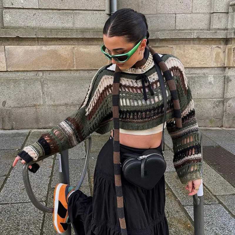 Knitted New Sweater Fashion Women Hollow Out Contrast Color Long Sleeve Casual Loose Woolen Striped Jumper Knitwear J260916