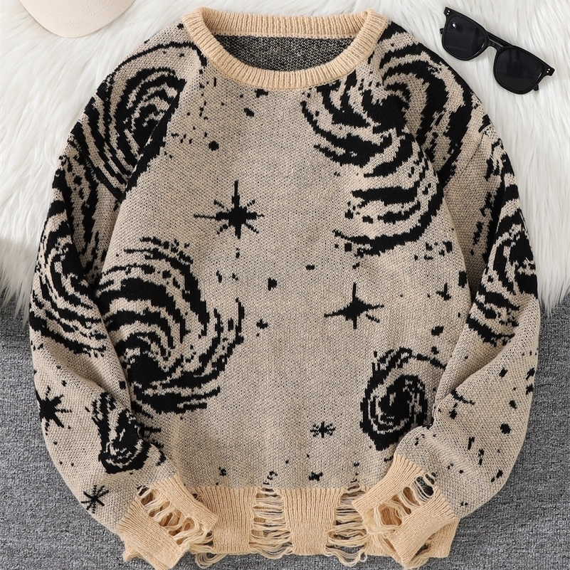 Trendy Street Style Ripped Abstract Starry Sky Pattern Pullover Sweater Casual Round Neck Knitted Men's Pullover260916ww