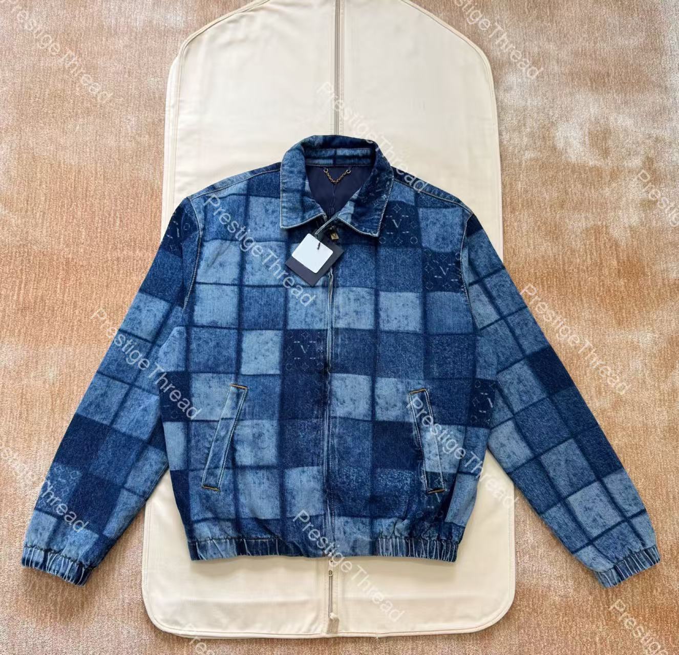 26fw Designer Men's Jackets Burnout Letter Checkerboard Denim Jacket with Laser Logo Patchwork Waist Denim Jacket