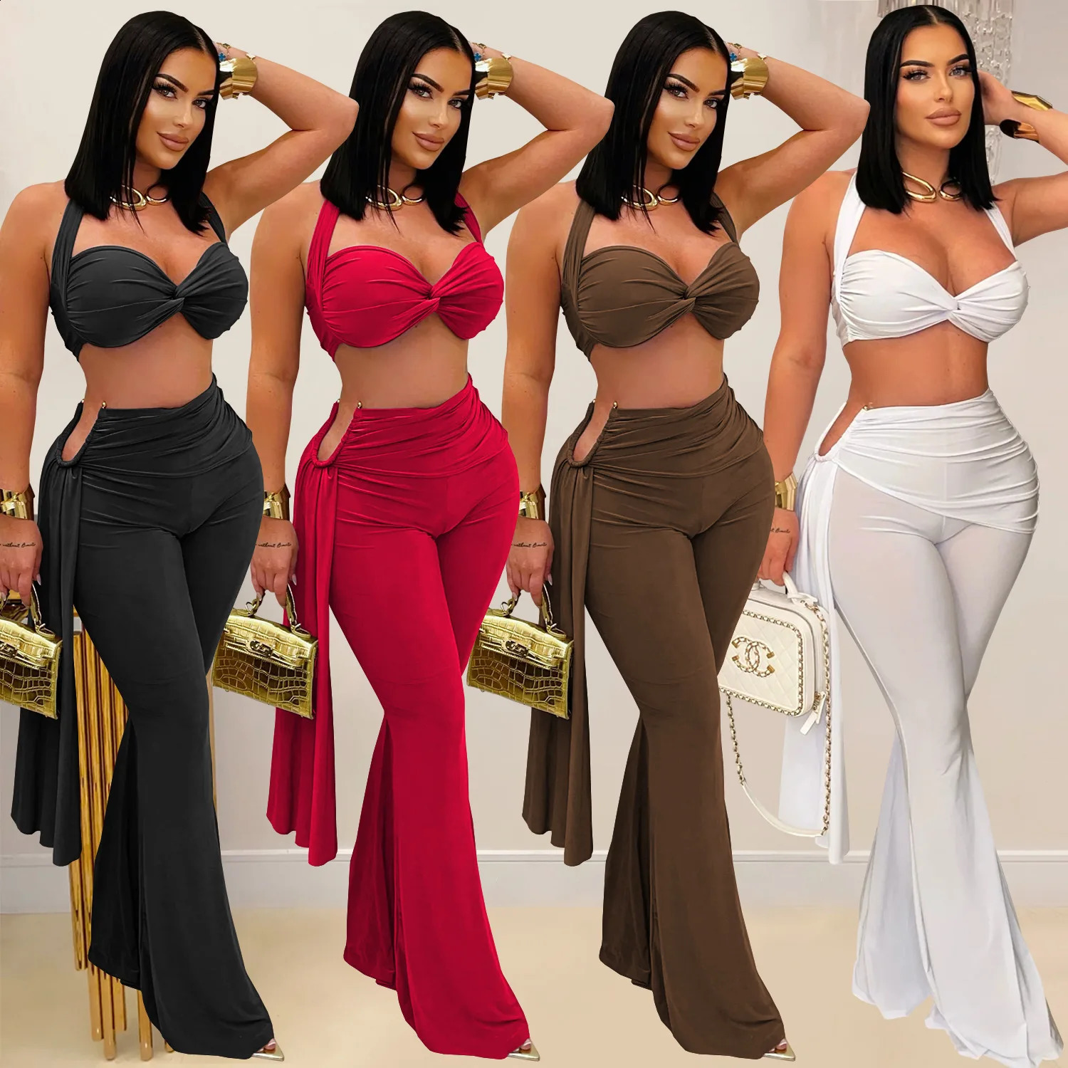 Sexy Halter Bikini Tops 2 Piece Pant Set Outfits Y2K Streetwear Women Flare Pants Tracksuit Elegant Bandage Tops Two Piece Sets 260917