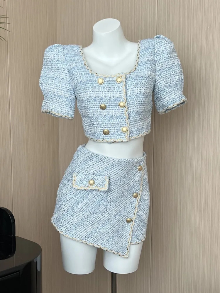 Elegant Chic Vintage Tweed Sets Women Outfits Puff Sleeve Double Breasted Cropped Tops Asymmetrical Mini Skirt Two Piece Suits 260917