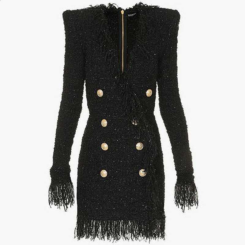Edge V Tassel Neck Slim Dresses Lion Head Gold Button Fashion Short Skirts Zipper on Back Black Elegant Frocks Tweed 2025 Autumn C260917