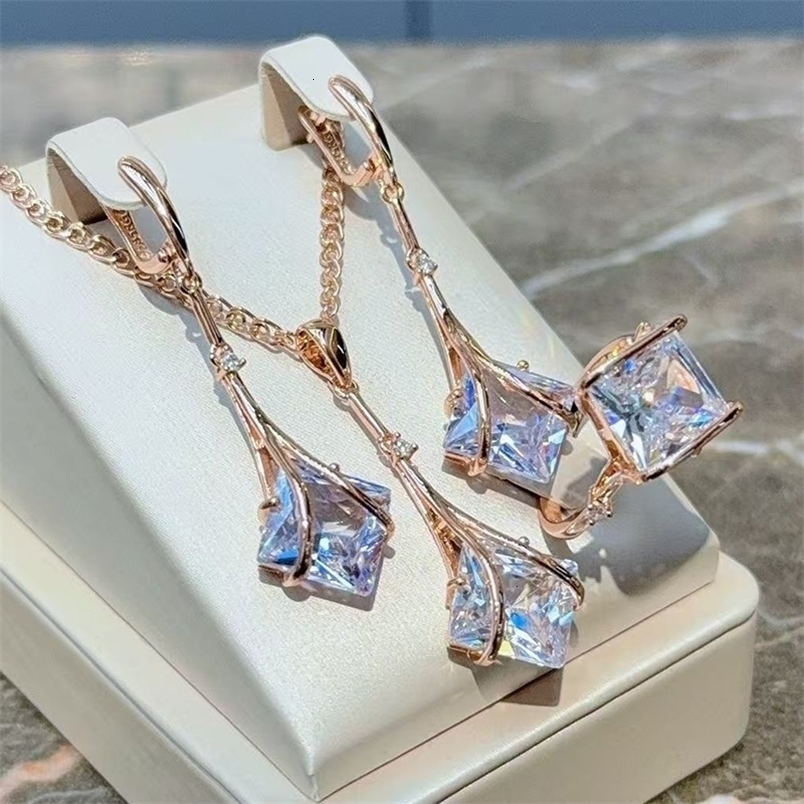 Kinel Square White Natural Zircon Jewelry Sets for Women 585 Rose Gold Color Ring Earrings Necklace Daily Vintage 260916