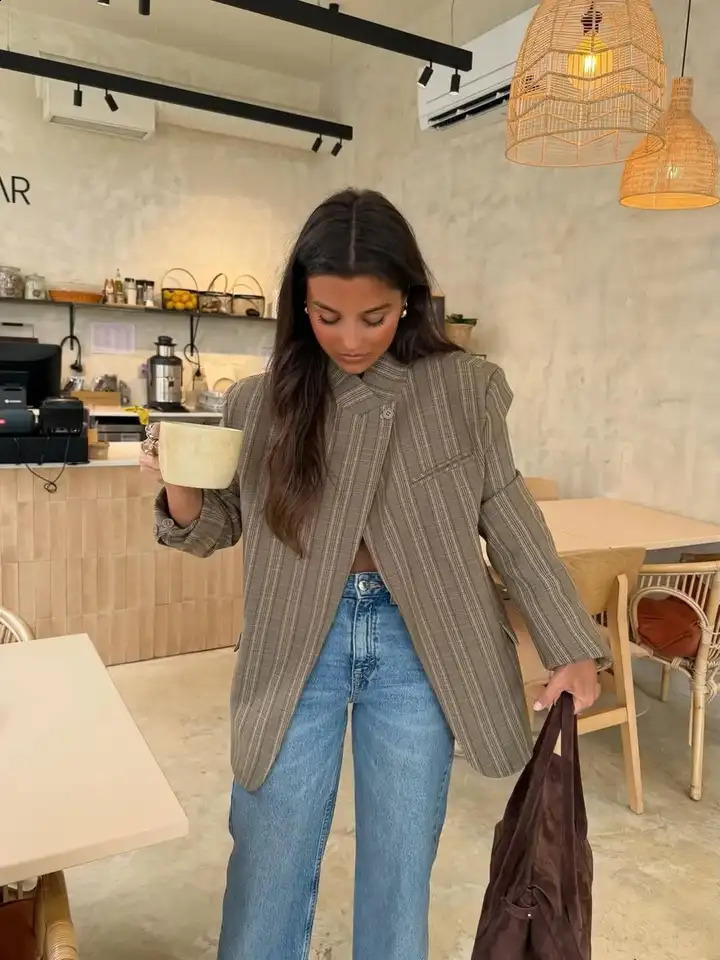 Diagonal Buckle Stand Collar Loane Taupe Asymmetrical Plaid Blazers Spring Casual Coats 2026 Vintage Woman's Outerwear Clothing 260917