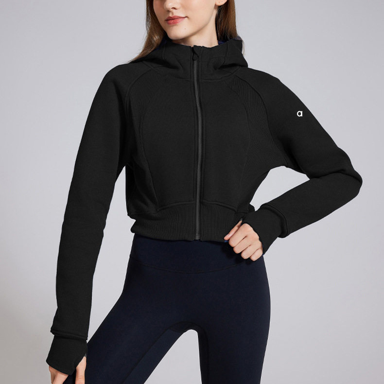 Short length hooded fitness jacket for fleece lined thickened wind proof sports sweatshirt warm yoga top lazy style zip up hoodie short knit sweater
