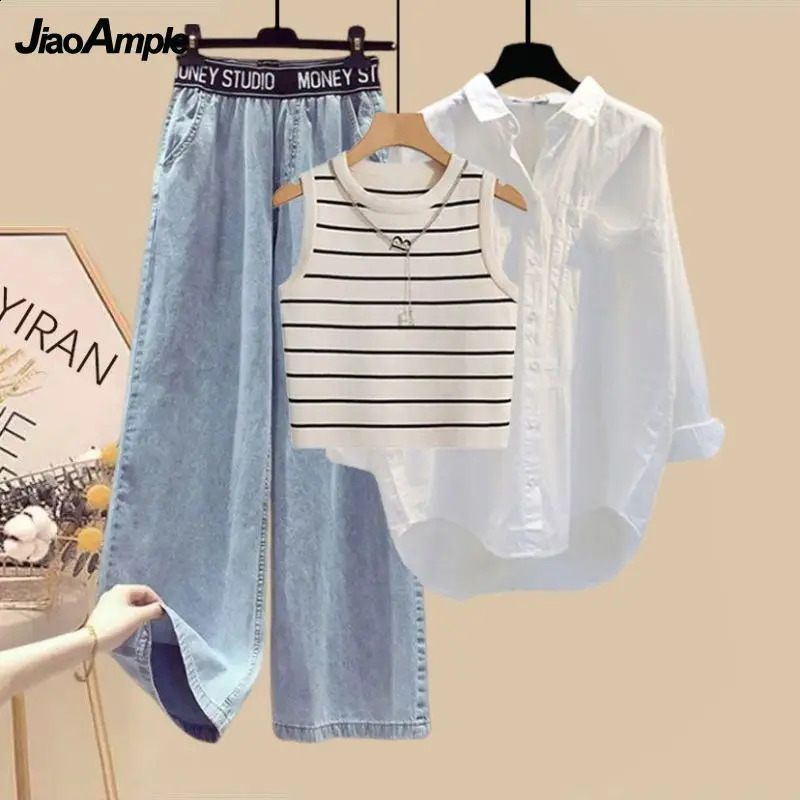 Women 2026 Spring Summer Sunscreen ShirtStriped VestWide Leg Jeans 3 Piece Suit Korean Elegant Denim Pants Matching Set 260916