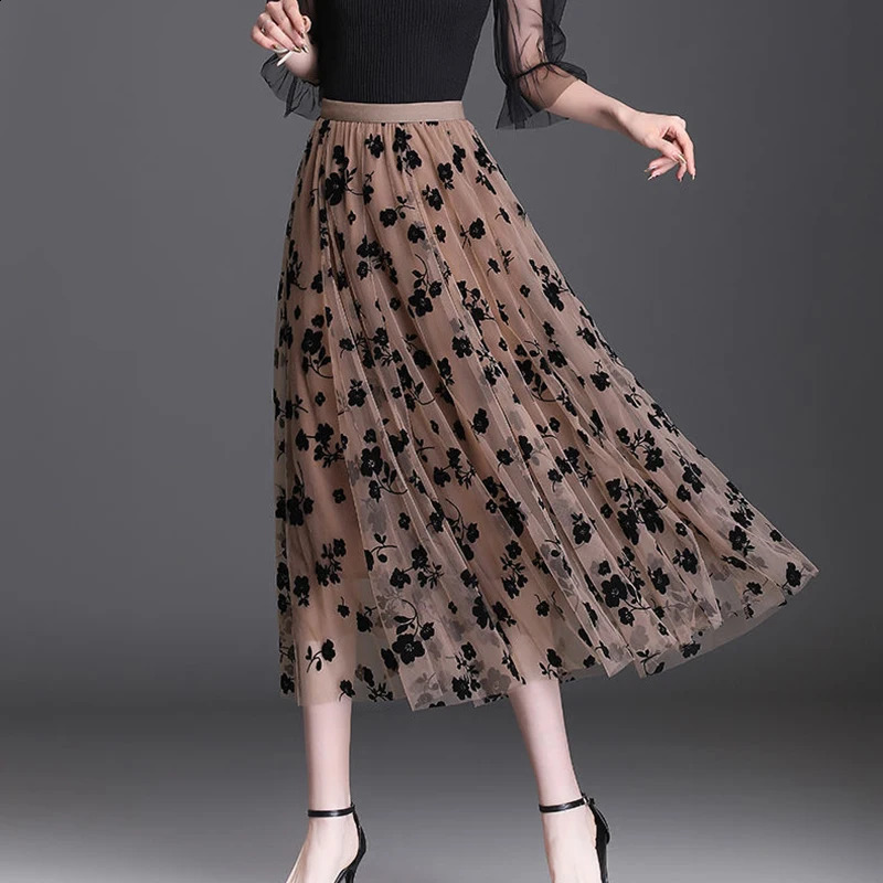 Korean Women Tulle Skirt Fashion Summer Hook Floral Loose Midi Elegant Female Casual All Match Mesh Skirts 260916