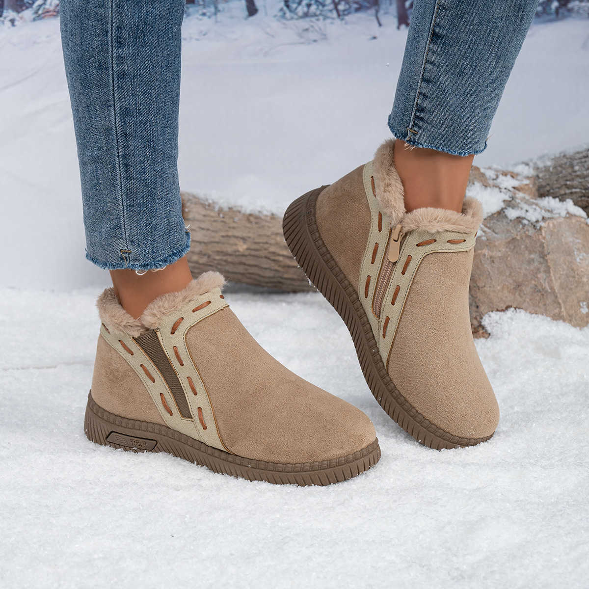 Winter Women's Faux-Leather Snow Boots with Plush Lining and Side Zippers Comfortable Everyday Casual Women's Ankle Boots D260917