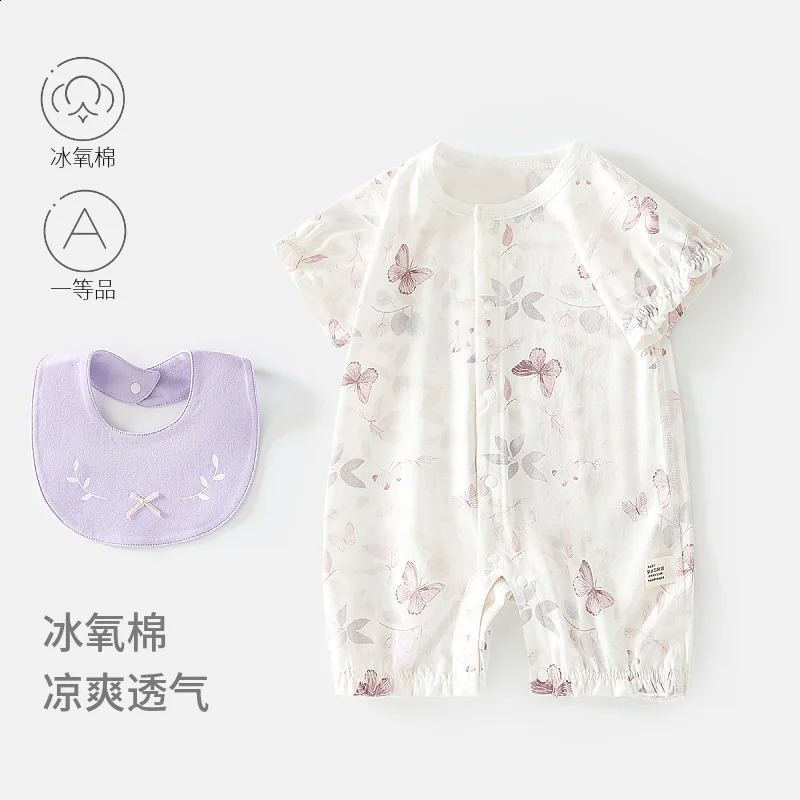 Baby Summer Short Sleeve Rompers Baby Ice Oxygen Cotton Thin Romper Infant Air Conditioning Clothes Romper with Bib 260915