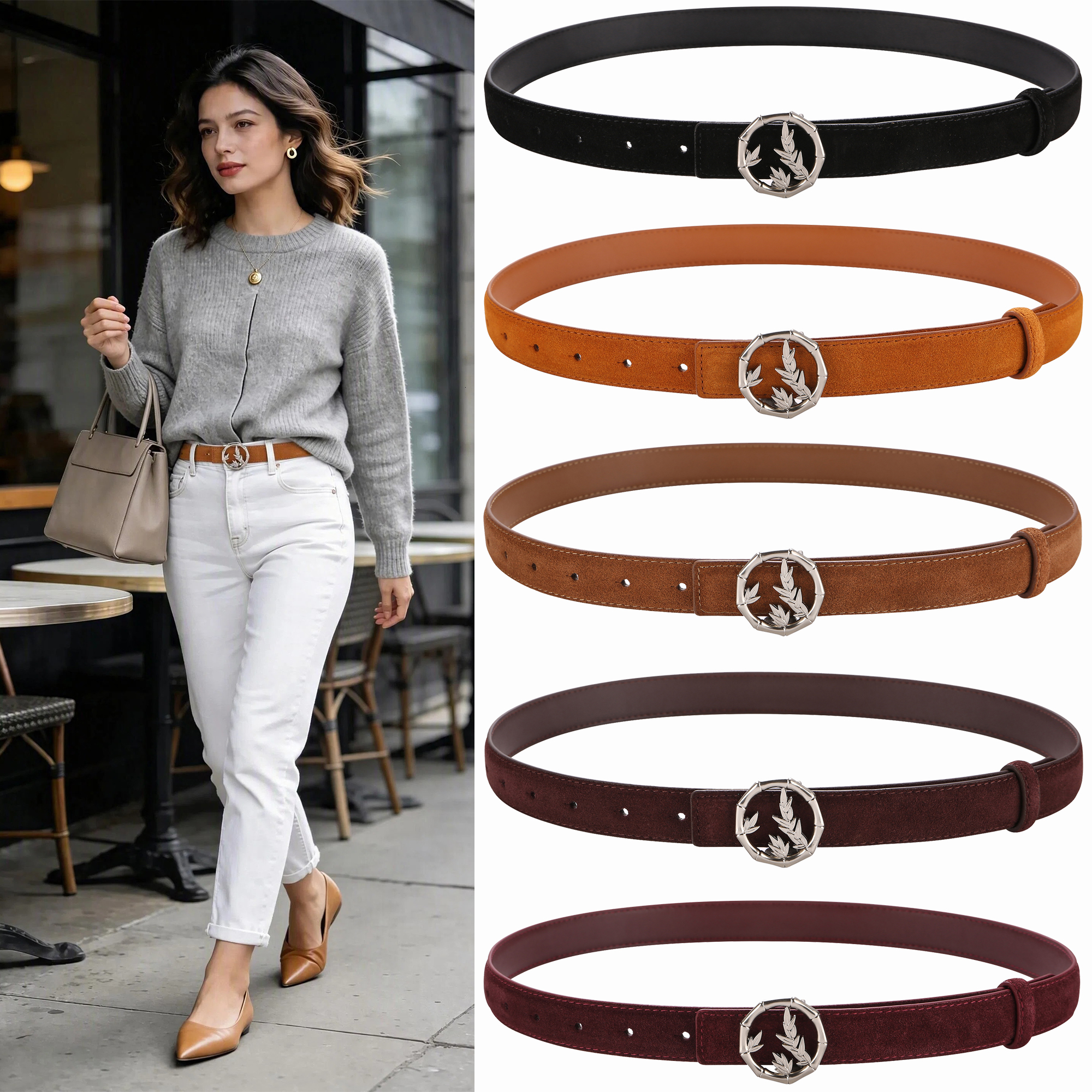 Women Suede Genuine Leather Waist Retro Bamboo Leaf Silver Metal Buckle Decorative Ladies Belt for Dress Jeans Daily Outfit W260917