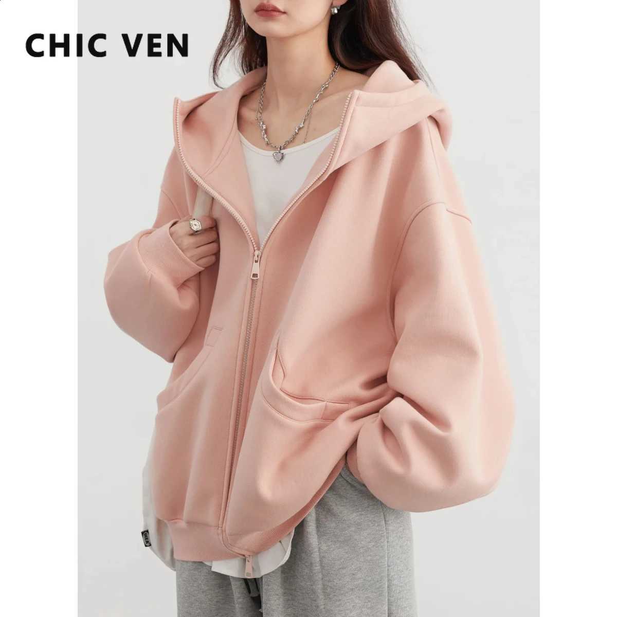 Sweatshirts Women CHIC VEN Loose Casual Hooded Long Sleeves with Plush Sweater Double Zipper Oversize Coat Spring Autumn 2026 J260916