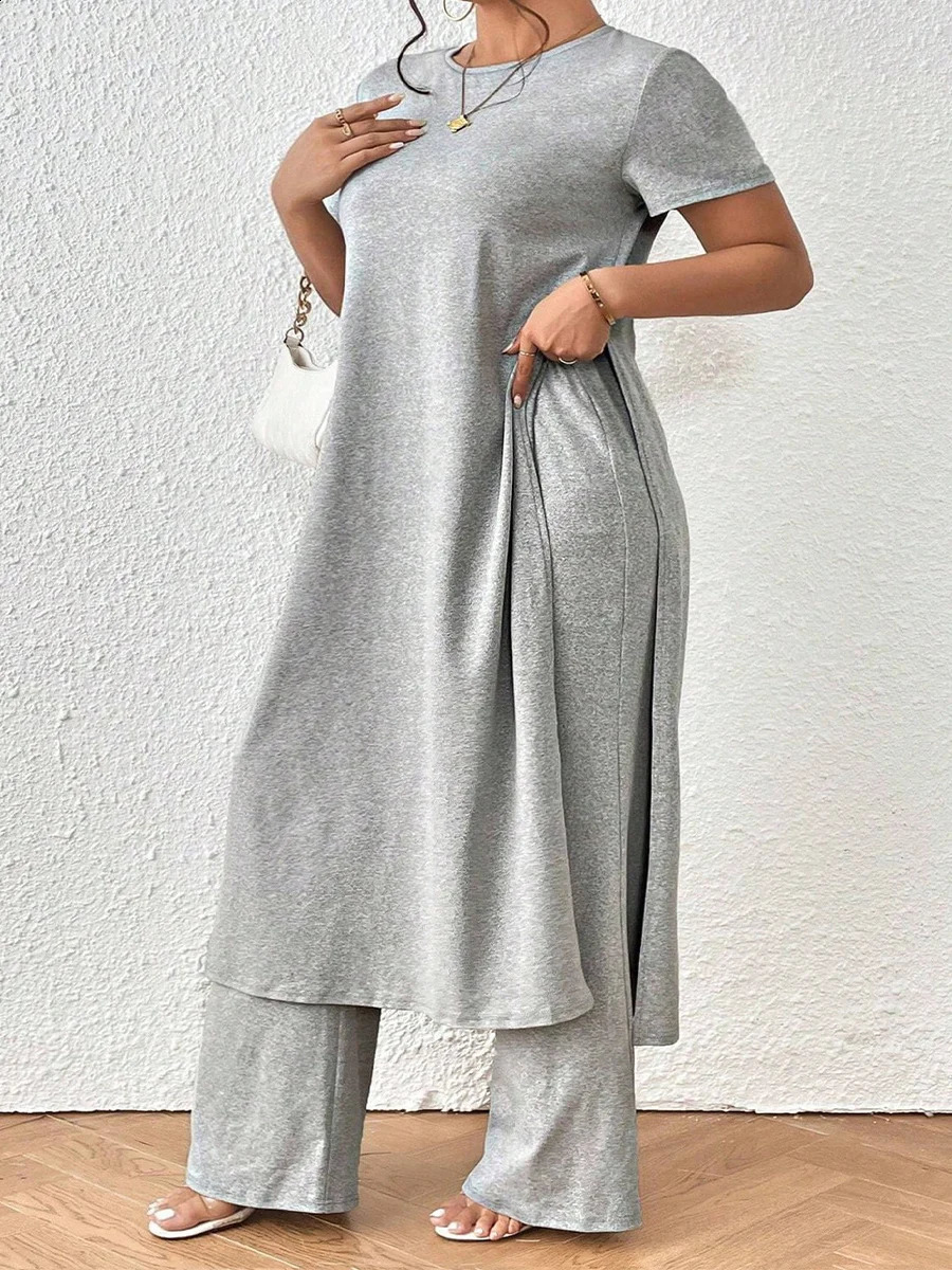 Spring and Summer Plus Size Suit Pullover Loose Waist Elegant Work Clothing Round Neck ShortSleeved Pure Color 260917