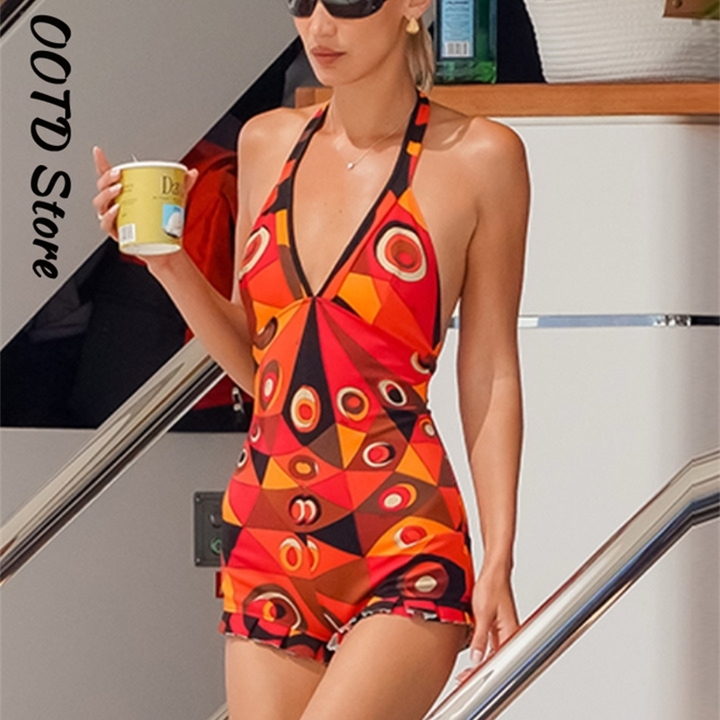 Y2k Geometric Printed Womens Short Jumpsuit Sexy Pink Backless Ruffle Halter Summer Swimsuit Casual Beach Vacation Clothes 260916