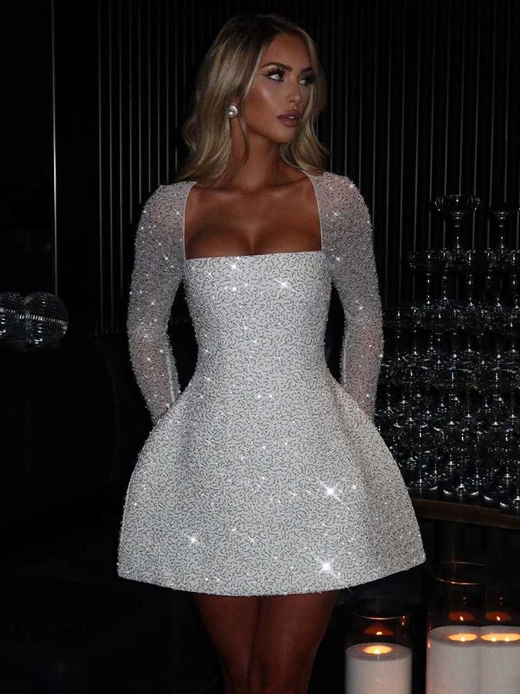 Long Mozision Sequins Sleeve Backless Sexy Mini Dress Women Robe Fashion Sparkle Lace-up High Waist A-line Club Dress Vestido C260917