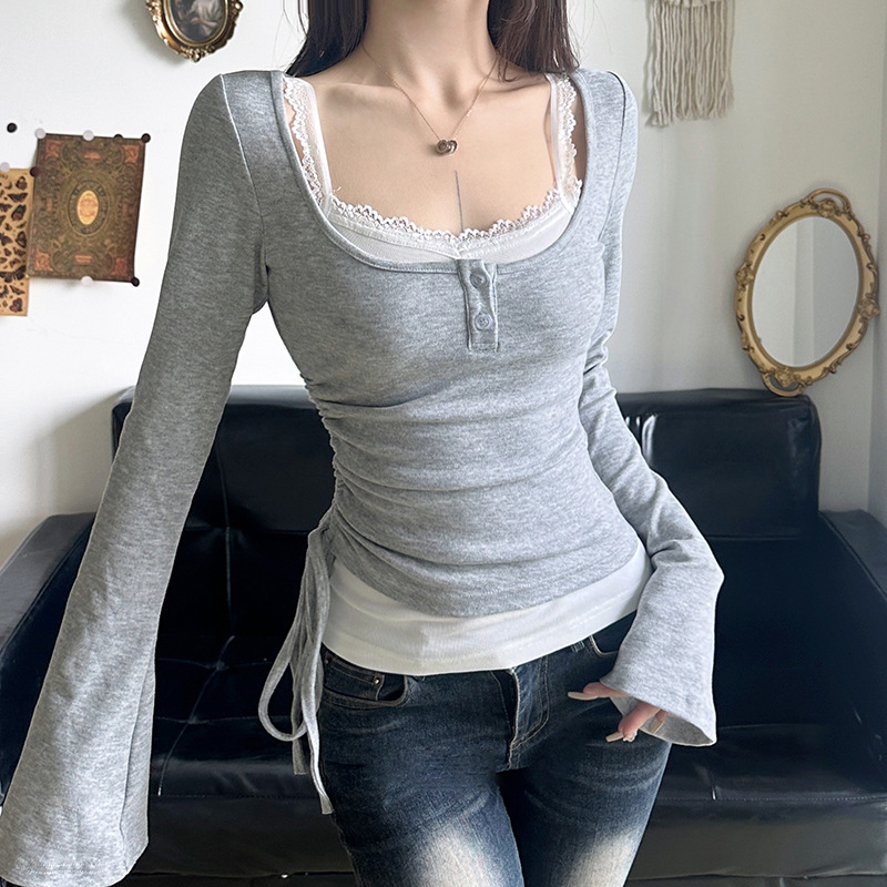 Purely Alluring Hot Girl Knit Top, French-style Slim-fit Lace Long-sleeve Women's Slimming Drawstring Patchwork Contrast Color Two-piece Set 09