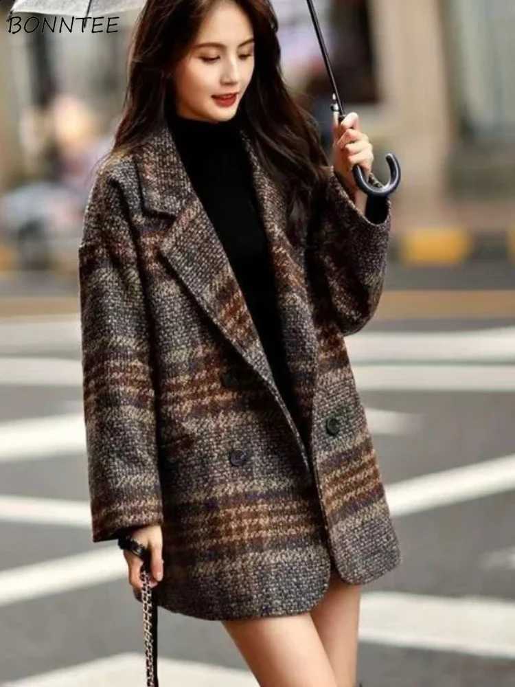 Women Tweed Blends Elegant Fashion Korean Autumn Winter Coat Streetwear Casual Slouchy Plaid Aesthetic Clothing Outwear Womens C260917