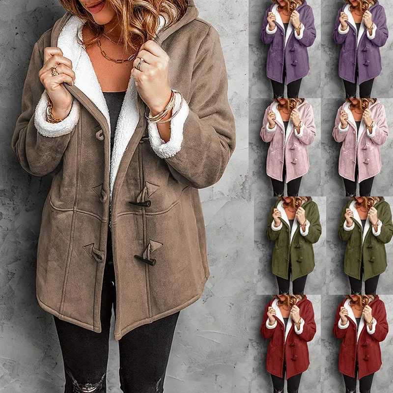 Autumn Winter New Medium-Length Women's Fleece-lined Jacket Coats Horn Button European American Styles Loose Hooded Outwear H260917