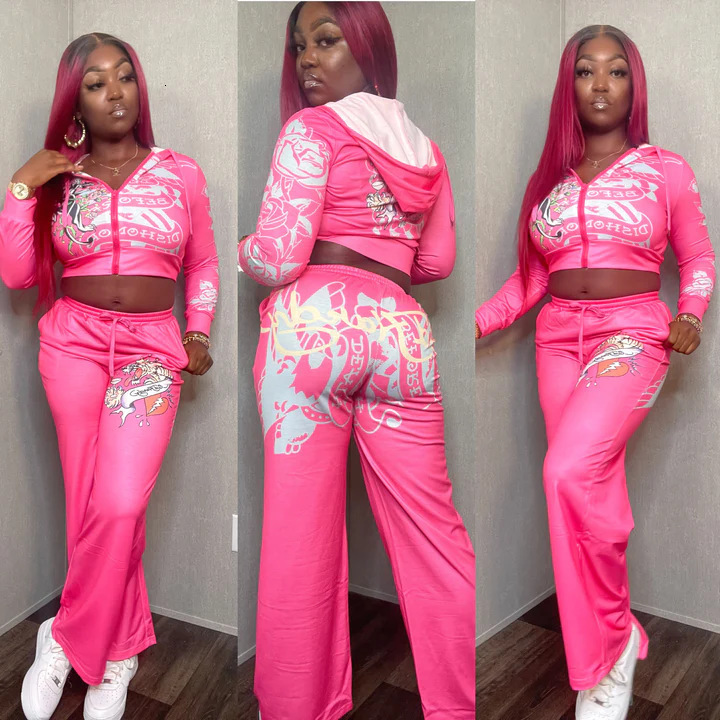 XH601 Independent Station 2023 Fashion Positioning Printed Sweatshirt Set Pink New European and American Style e1