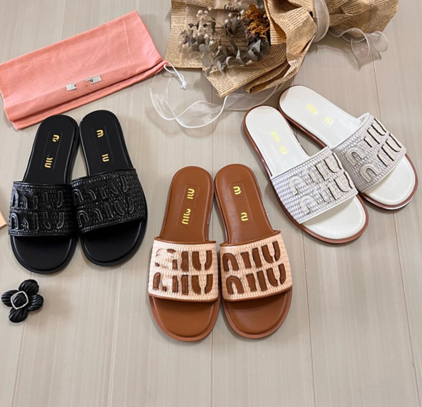 Women Slippers Letter Embroidery Woven Slide Sandals Summer Flat Open Toe Slip On Slippers Ladies Beach Casual Outdoor House Shoes