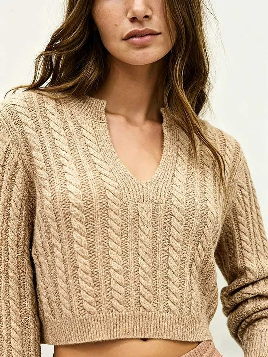 Designer- Inspired Wool French Chic Knitted Sweater Pullover Women Autumn Winter V-Neck Brown Casual Ladies Y2K Knitwear Top New S2609172OWL