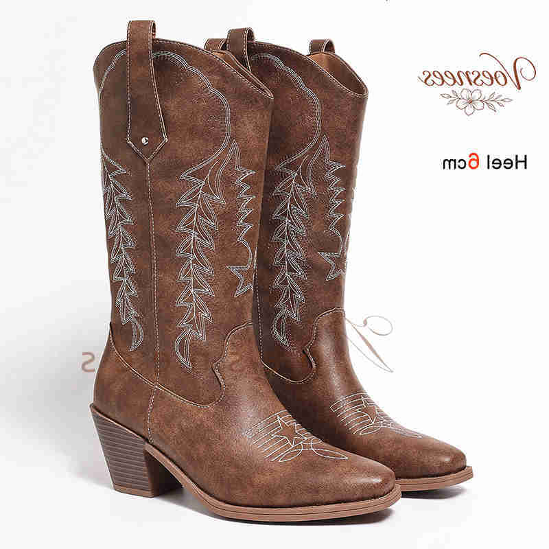 Spring Autumn Brown Women Mid Calf Boots Star Leaf Embroidery Pointed Toe Block Heel 6cm Western Boots Riding Shoes D260917