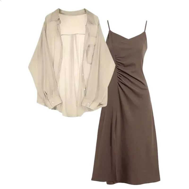 2024 Summer Set for Women New Oversized Women's Clothing Paired with Chiffon Sunscreen Shirt and Suspender Dress Two-piece SetW260915