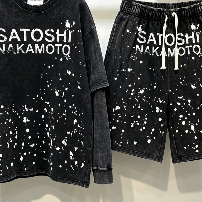 Handmade Ink Splashing Fading Letter Vintage Black SATOSHI Tshirts Hiphop Street Two Piece Long Sleeve Men Women Shorts 260917