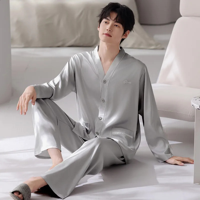 Men Silk Pajama Set 2026 Spring Ice Long Sleeve Homewear Plus Size L4XL Casual Kimono V Neck Sleepwear Hombre Pijamas 260917