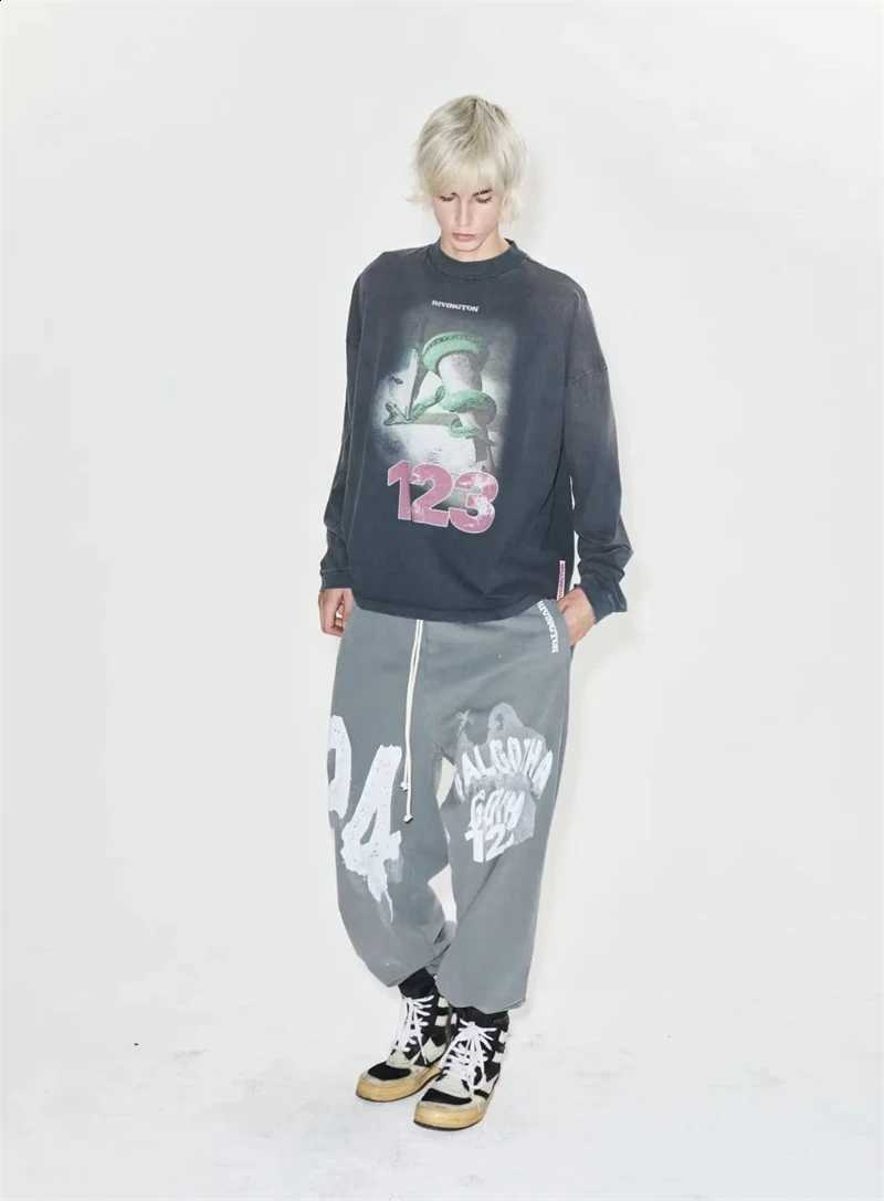 RRR123 High Street "Warrior Snake" Printed Washed Vintage Long Sleeve Round Neck Cotton T-shirt Casual Loose Fashion Top X260916