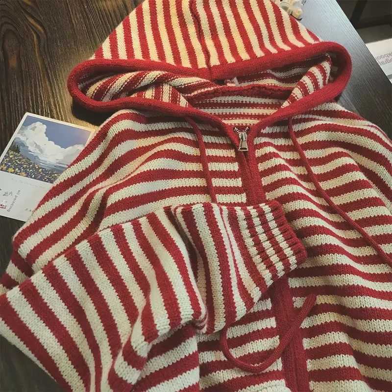 Hood Contrast Color Stripe Knit Cardigan Women Autumn and Winter New Loose Design Sense Long Sleeve Cardigan Sweater Outerwear J260916